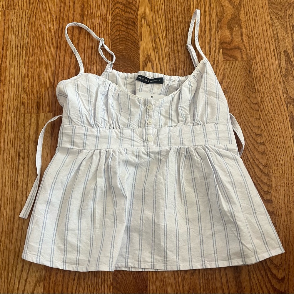 Brandy Melville White and Blue Striped Sleeveless Tie Babydoll Camisole